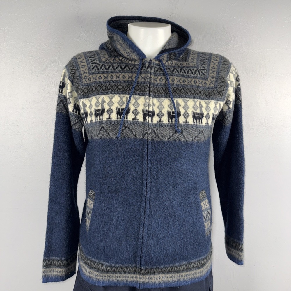 Tejidos Aly Marka Jacket Mens L Blue Cardigan Full Zip Hoodie Fuzzy Wool Alpaca